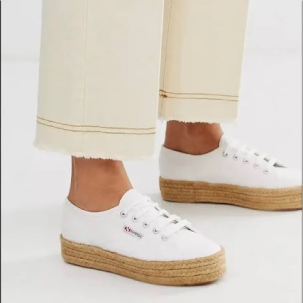 Superga White Canvas Platform Sneakers with Jute-Style Sole